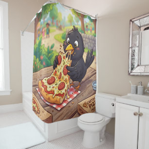 Cartoon Baby Blackbird Crow Raven Eating Pizza Shower Curtain