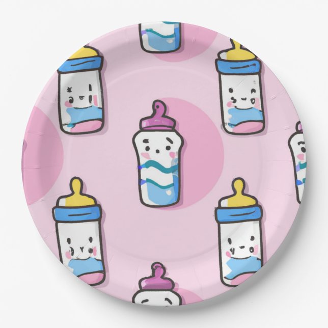 cartoon baby bottle fun baby shower paper plate (Front)