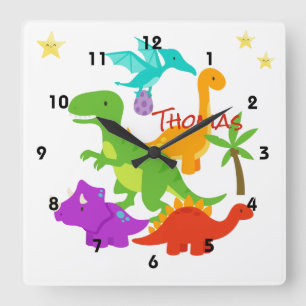 Cartoon Baby Dinosaurs Square Wall Clock