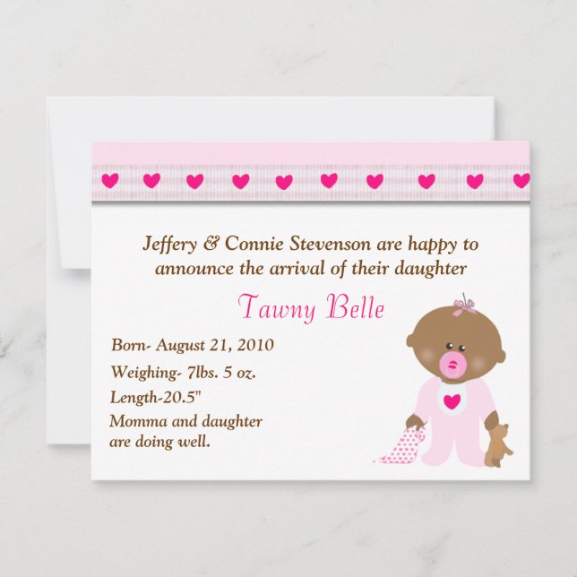 Cartoon Baby Girl Birth Announcement (Front)