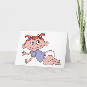 Cartoon Baby Girl Crawling Red Hair Purple Bows Card