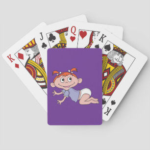 Cartoon Baby Girl Crawling Red Hair Purple Bows Playing Cards