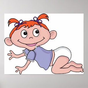 Cartoon Baby Girl Crawling Red Hair Purple Bows Poster
