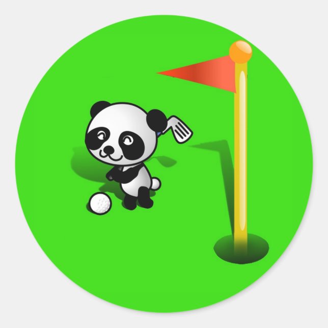 Cartoon Baby Panda Bear Golfing on the Green Classic Round Sticker (Front)