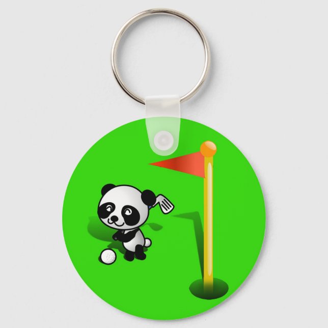 Cartoon Baby Panda Bear Golfing on the Green Key Ring (Front)