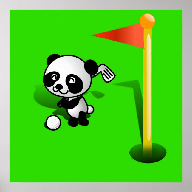 Cartoon Baby Panda Bear Golfing on the Green Poster (Front)