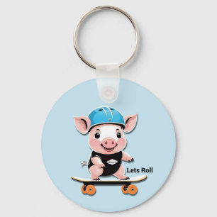 Cartoon Baby Pig Riding A Skateboard Lets Roll, Key Ring