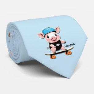Cartoon Baby Pig Riding A Skateboard Lets Roll, Tie
