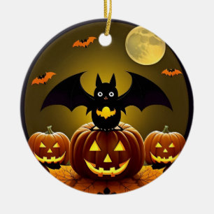 Cartoon Bat and Pumpkins Under Full Moon Ceramic Tree Decoration
