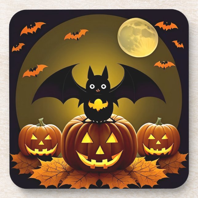 Cartoon Bat and Pumpkins Under Full Moon Coaster (Front)