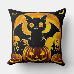 Cartoon Bat and Pumpkins Under Full Moon Cushion