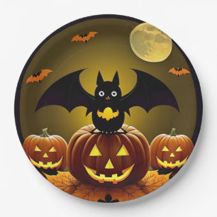 Cartoon Bat and Pumpkins Under Full Moon Paper Plate