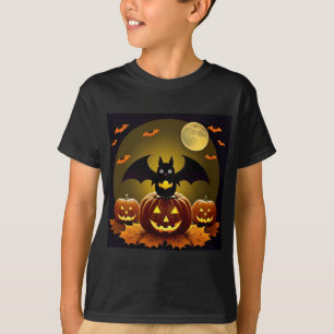 Cartoon Bat and Pumpkins Under Full Moon T-Shirt