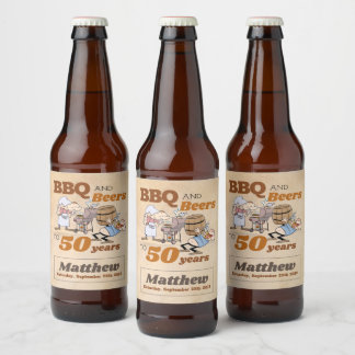 Cartoon BBQ And Beers 50th Birthday Rustic Beer Bottle Label