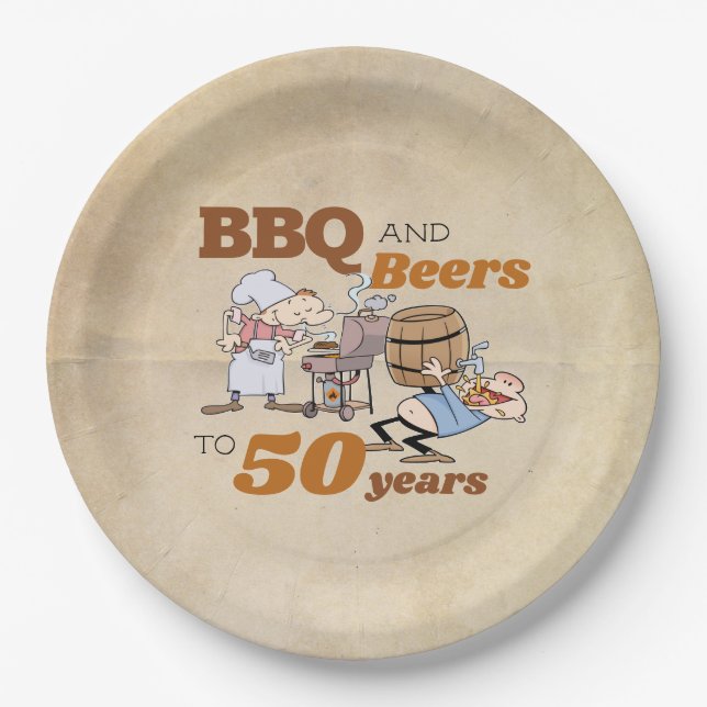 Cartoon BBQ And Beers 50th Birthday Rustic Paper Plate (Front)