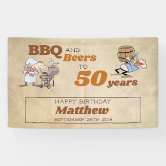 Cartoon BBQ And Beers 50th Birthday Rustic Theme Banner