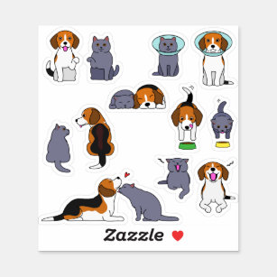cartoon Beagle dog and British cat sticker set