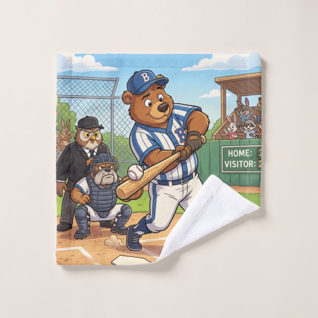 Cartoon Bear Playing Baseball Bath Towel Set (Wash Cloth)