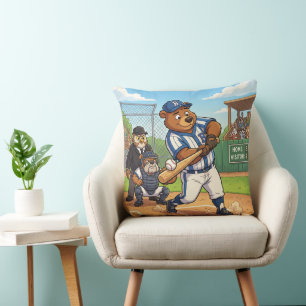Cartoon Bear Playing Baseball Cushion