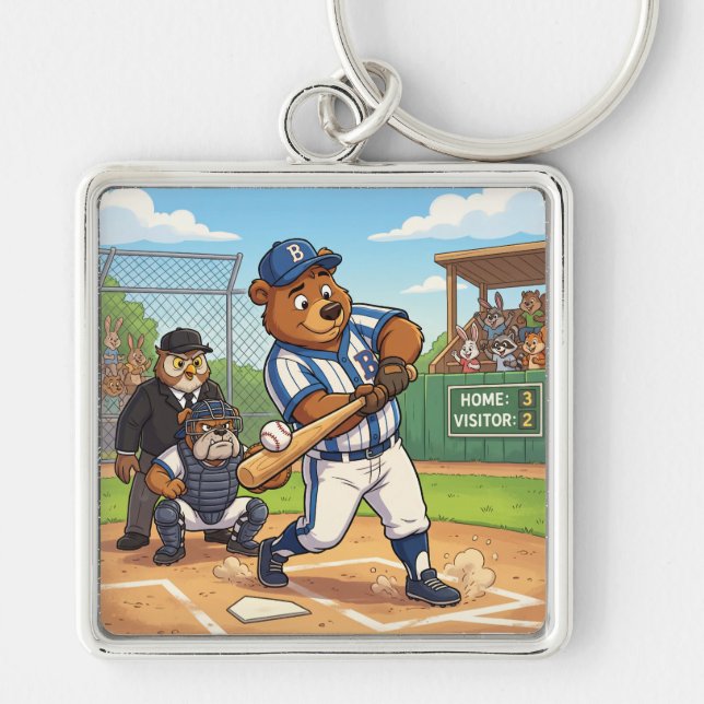Cartoon Bear Playing Baseball Key Ring (Front)