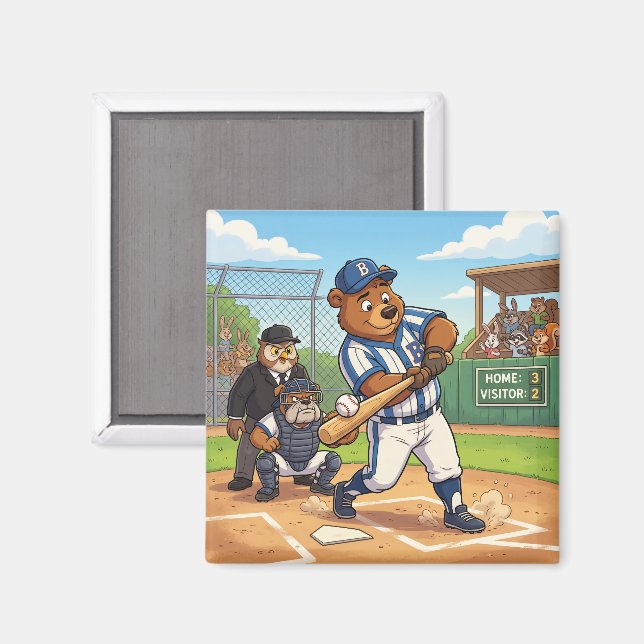 Cartoon Bear Playing Baseball Magnet (Front/Back)