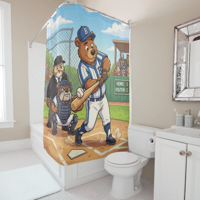 Cartoon Bear Playing Baseball Shower Curtain (In Situ)