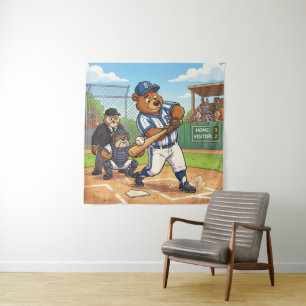 Cartoon Bear Playing Baseball Tapestry