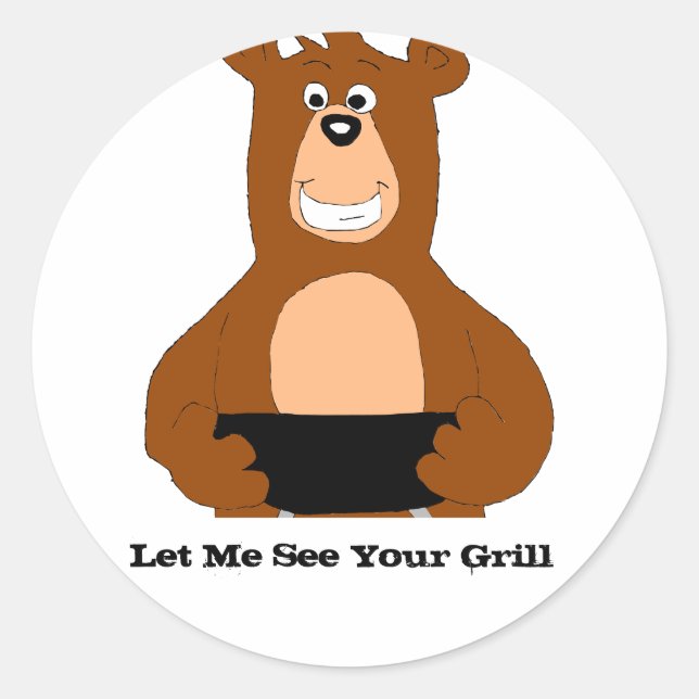 Cartoon Bear With BBQ Grill Classic Round Sticker (Front)