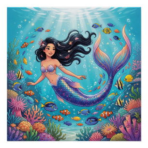 Cartoon Beautiful Mermaid under the Sea Poster