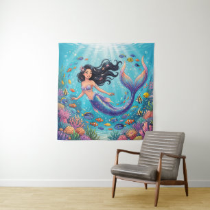 Cartoon Beautiful Mermaid under the Sea Tapestry