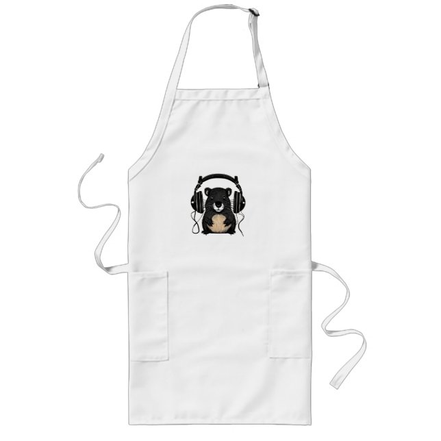 Cartoon Beaver Silhouette with Headphones Vector  Long Apron (Front)