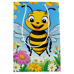 Cartoon Bee Colorful Flowers Medium Gift Bag