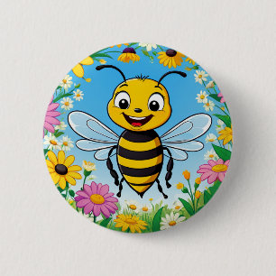 Cartoon Bee Colourful Flowers 6 Cm Round Badge