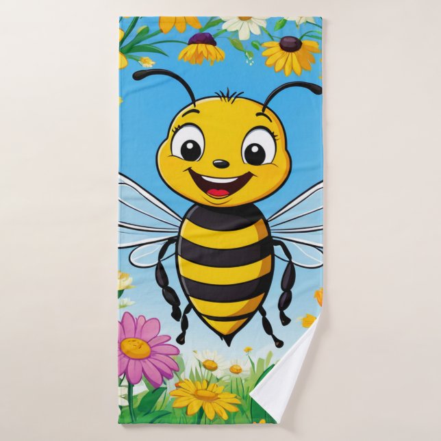 Cartoon Bee Colourful Flowers  Bath Towel (Bath Towel)