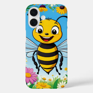 Cartoon Bee Colourful Flowers iPhone 16 Case