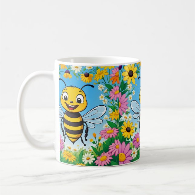 Cartoon Bee Colourful Flowers  Coffee Mug (Left)