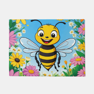 Cartoon Bee Colourful Flowers  Doormat