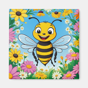 Cartoon Bee Colourful Flowers Magnet