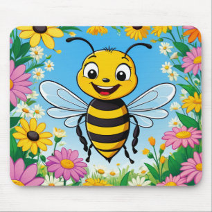Cartoon Bee Colourful Flowers Mouse Mat