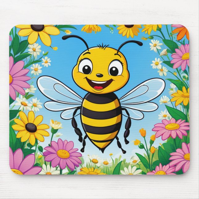 Cartoon Bee Colourful Flowers  Mouse Mat (Front)