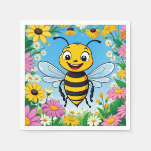 Cartoon Bee Colourful Flowers Napkin