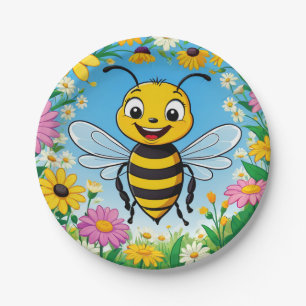 Cartoon Bee Colourful Flowers  Paper Plate