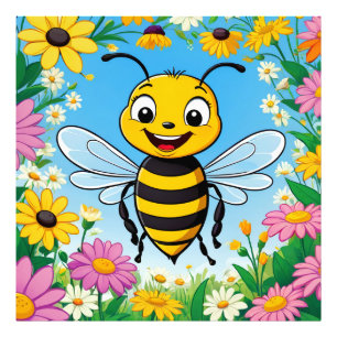 Cartoon Bee Colourful Flowers Photo Print