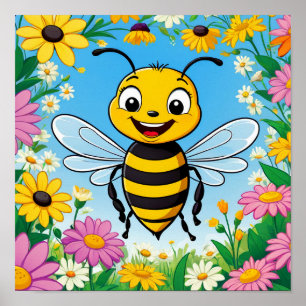 Cartoon Bee Colourful Flowers  Poster