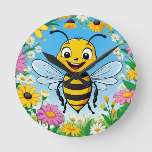 Cartoon Bee Colourful Flowers Round Clock