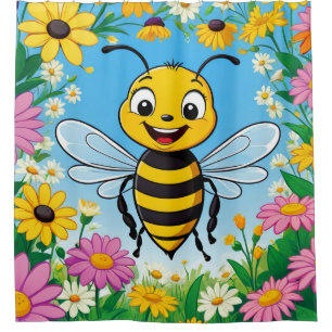 Cartoon Bee Colourful Flowers Shower Curtain