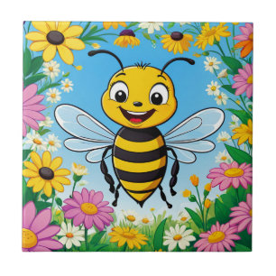 Cartoon Bee Colourful Flowers Tile