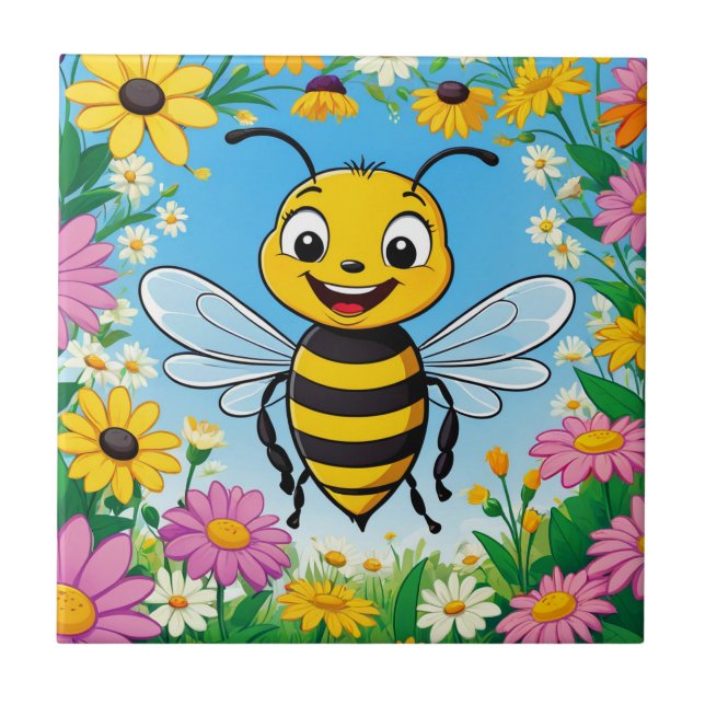 Cartoon Bee Colourful Flowers  Tile (Front)