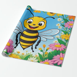 Cartoon Bee Colourful Flowers Wrapping Paper