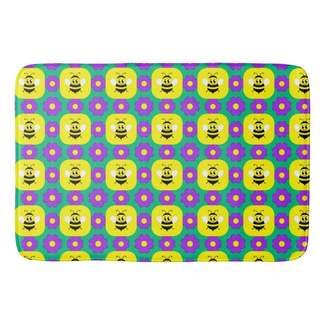 Cartoon Bees and Flowers Bath Mat (Front)